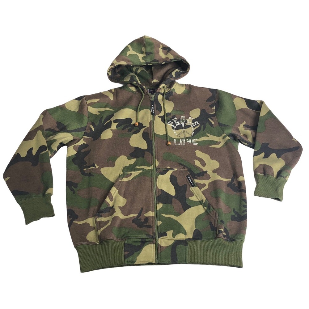 Y2K Kenpo Camo Hoodie Womens S Oversized Peace Love Rhinestone Full Zip McBling
